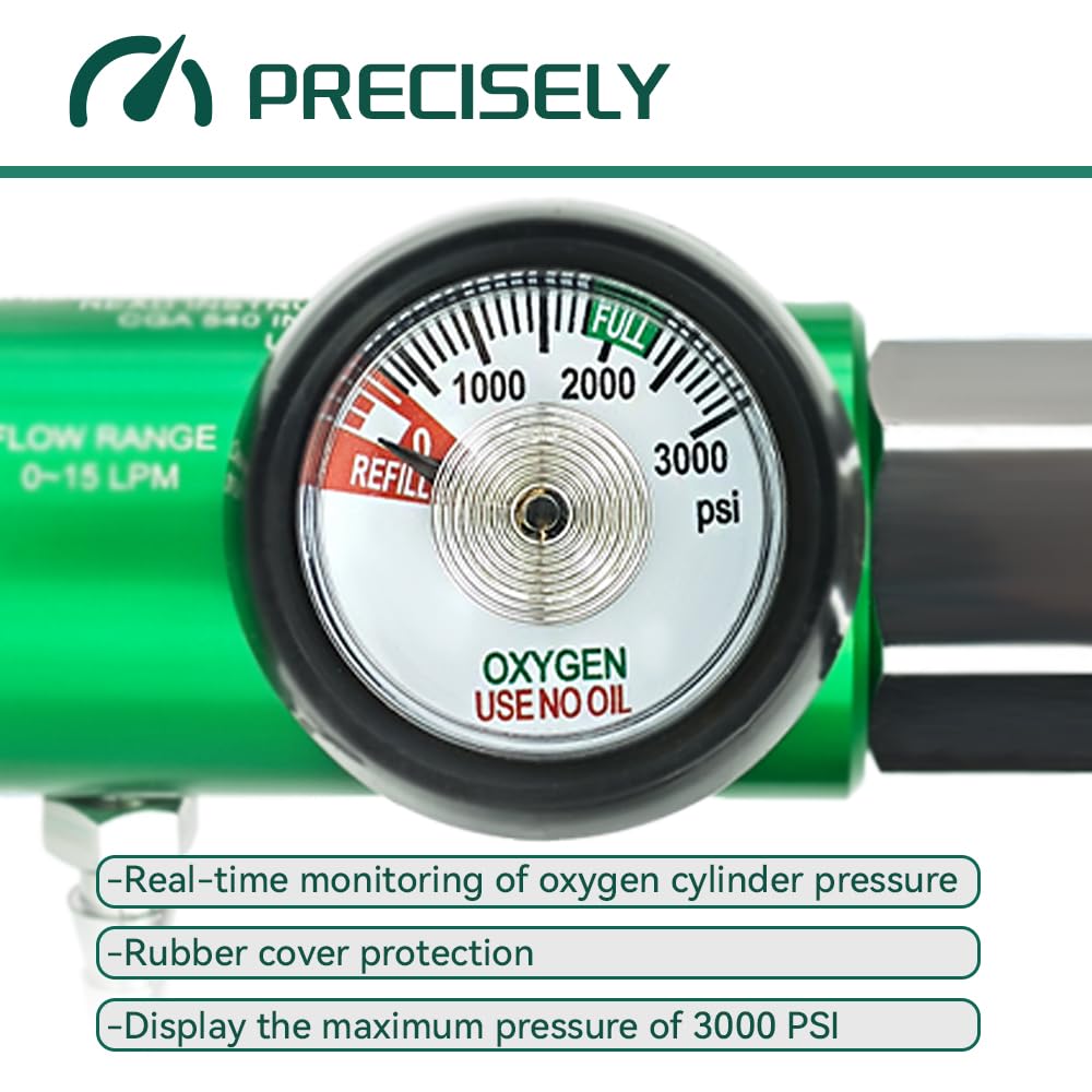 Oxygen Regulator for Oxygen Tank CGA540 Connection, Adjustable Flow 0-15 LPM, Brass Sleeve Design Portable Oxygen Tank Regulator for Home and Outdoor Use