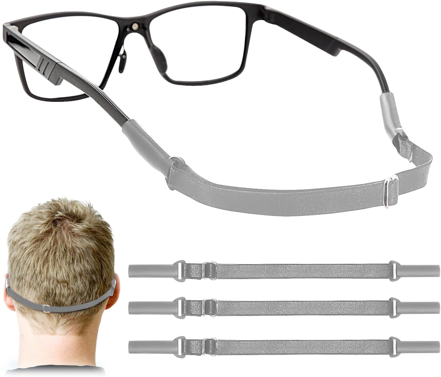 Enenfly Adjustable Glasses Straps - 3 Pack No Tail Eyewear Retainer for Men, Women, Kids – Fits Eyeglasses & Sunglasses,Grey(7.5-13.5 inch)