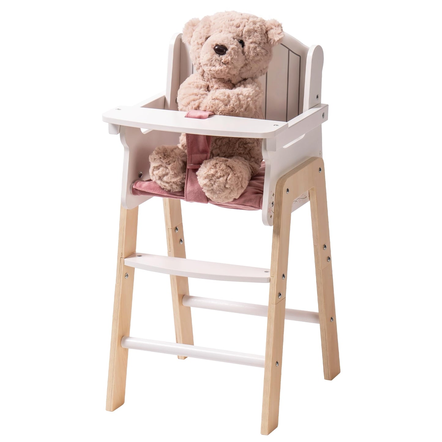 ROBOTIME Wooden Baby Doll High Chair, Pink Wooden Baby Doll Chair for 18 Inch Dolls, Pretend Play High Chair Baby Doll Accessories, Small