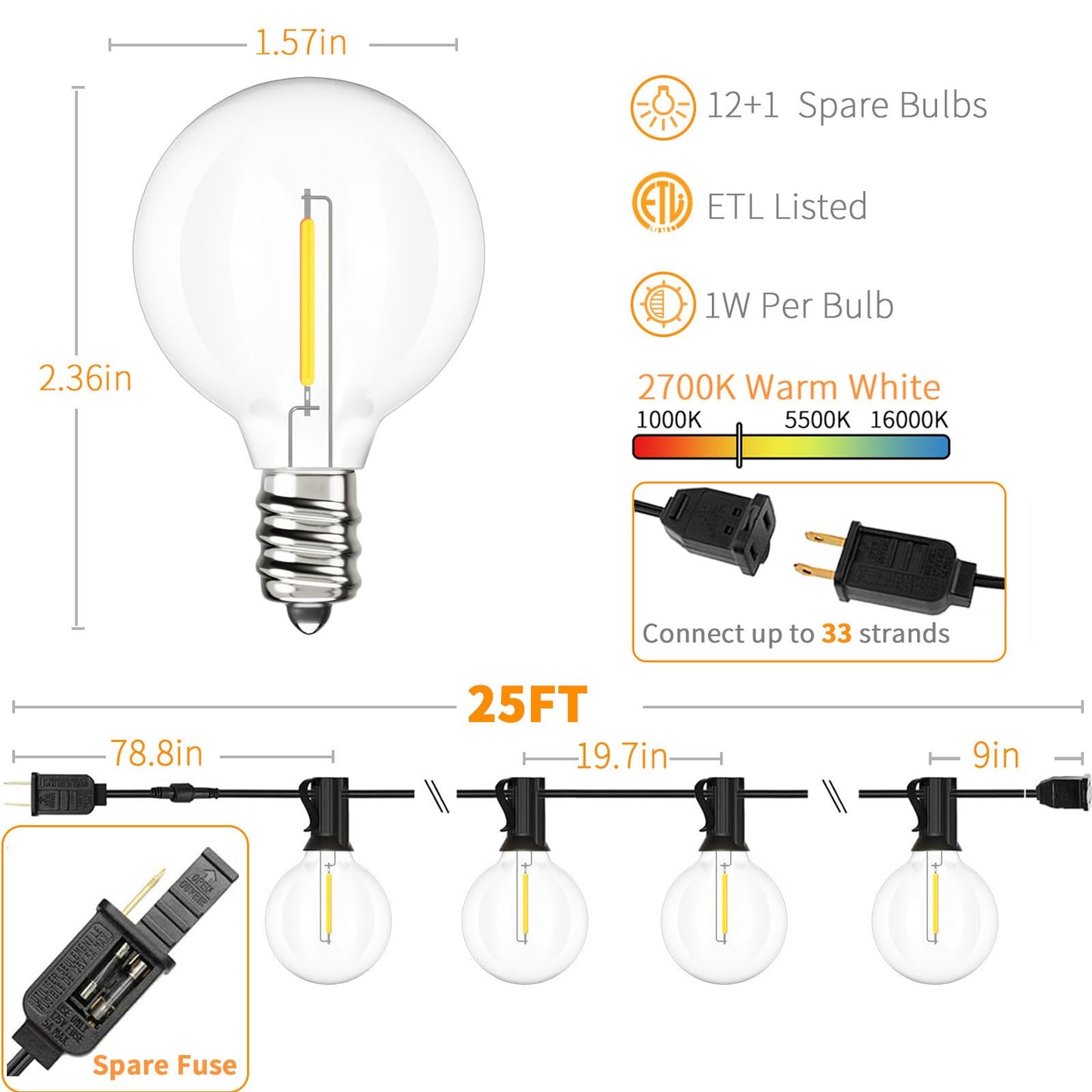 Svater Outdoor String Lights 25ft, Shatterproof, Warm White, Waterproof, 2ft Bulb Space, IP45