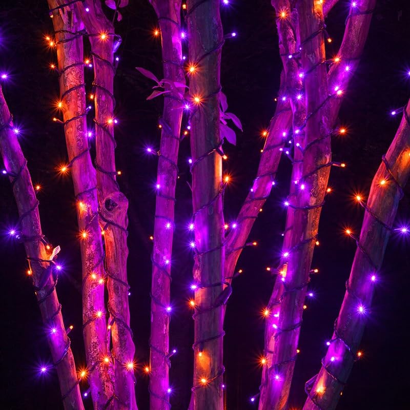 EEW 2 Pack 200 LED Solar String Lights, Waterproof Halloween Decorations, 8 Lighting Modes, Orange and Purple, Model CAIYUAN-100