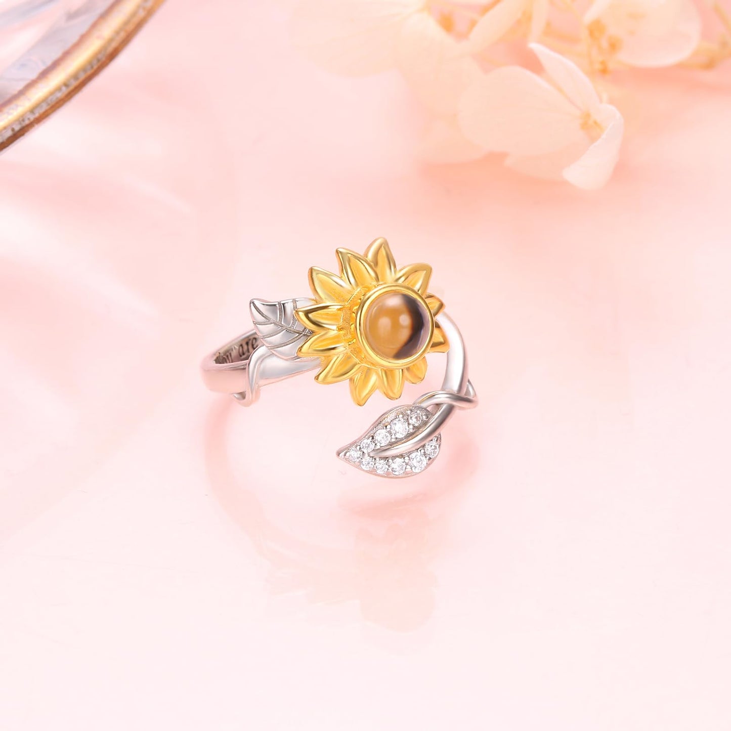 DAOCHONG Sterling Silver You are My Sunshine Sunflower CZ Ring 100 Languages I Love You Stone Ring 6
