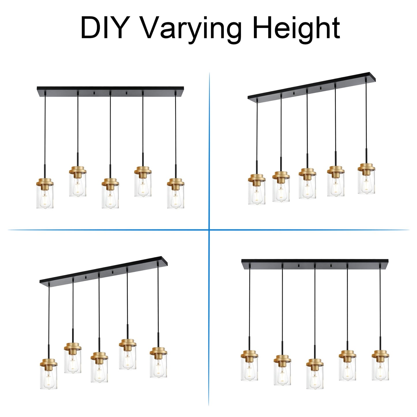 Melucee 5-Lights Adjustable Pendant Light, Black Brass, Modern Chandelier For Dining Room, 40.1 Inches, Clear Glass Shade, Model 4-4501-5D