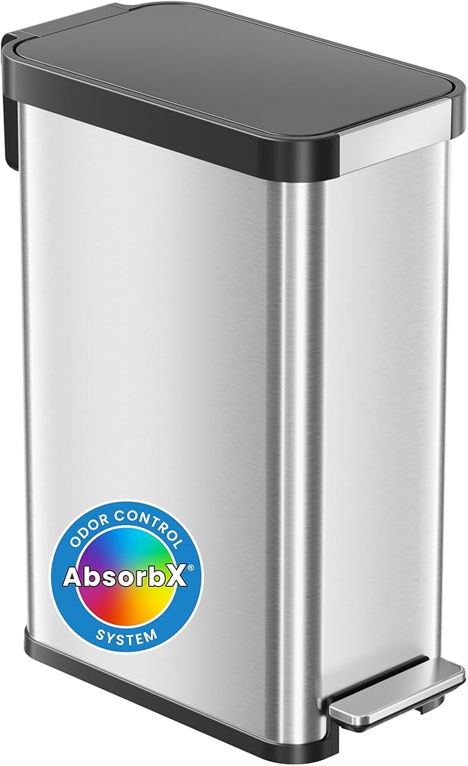 iTouchless SoftStep EXP 50 Liter / 13.2 Gallon Slim Step Pedal Kitchen Trash Can with Odor Filter, Soft Close Lid, Stainless Steel Recycling Bin, Dent-Proof Plastic Lid, for Home Office Work Business
