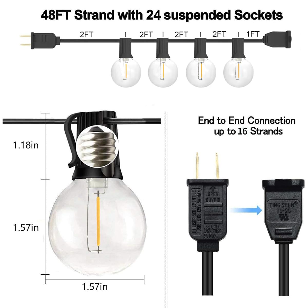 SUNTHIN Outdoor String Lights, 48FT Waterproof Patio Lights with 25 G40 LED Bulbs, Black Shatterproof for Backyard, Porch, Party, Garden