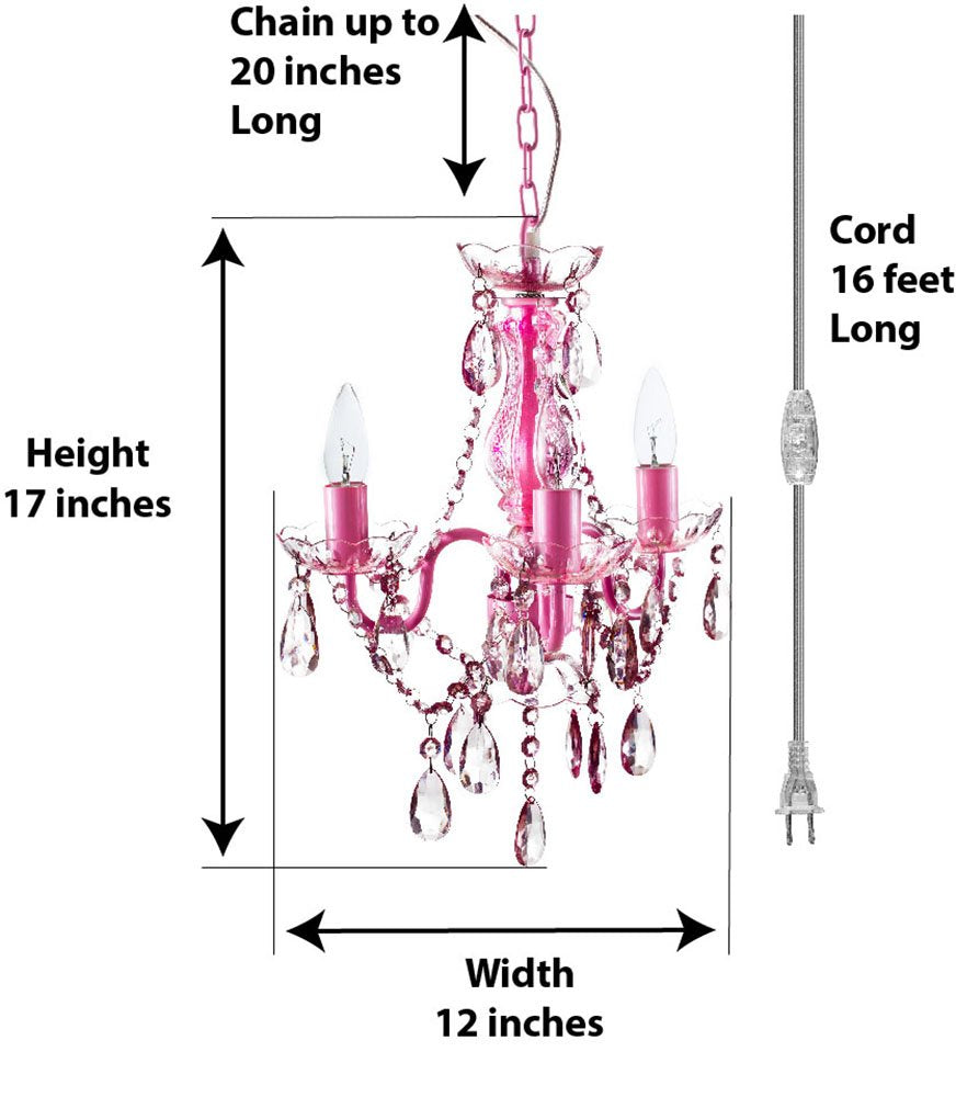 Gypsy Color 3 Light Plug-In Chandelier, Pink Metal Frame, Acrylic Crystals, Model Gymipk, H17”Xw12”