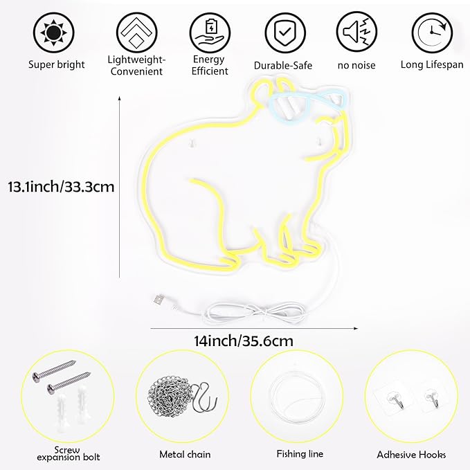 Cool Capybara Neon Sign, Dimmable Capybara Lemon Yellow LED Wall Light, Fun Cute Animal Night light Decor for Teens Room, Bedroom, Game Room, Pet Store, Birthday Party Gift