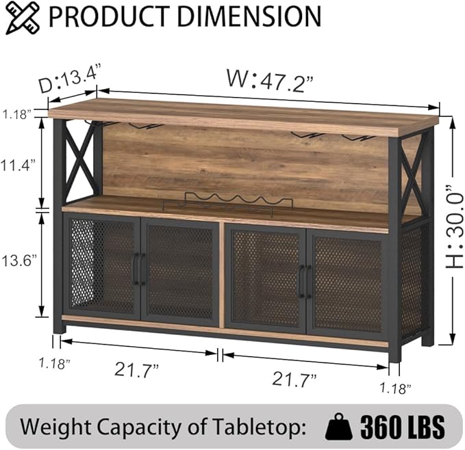 LVB Wine Bar Cabinet, Industrial Sideboard Buffet/Coffee Bar Cabinet for Liquor and Glasses, Farmhouse Metal Wood Rack Cabinet for Home Living Dining Room Kitchen, Rustic Oak, 47 Inch