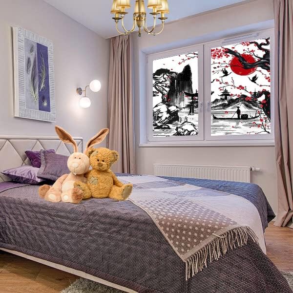 Vintage Japanese Style Decorative Window Film Abstract Ink Japanese Landscape Torii Gatekids Blackout Window Film,Cafe Lighted Window Film 23.6Wx47.2L-Inch X2Pcs