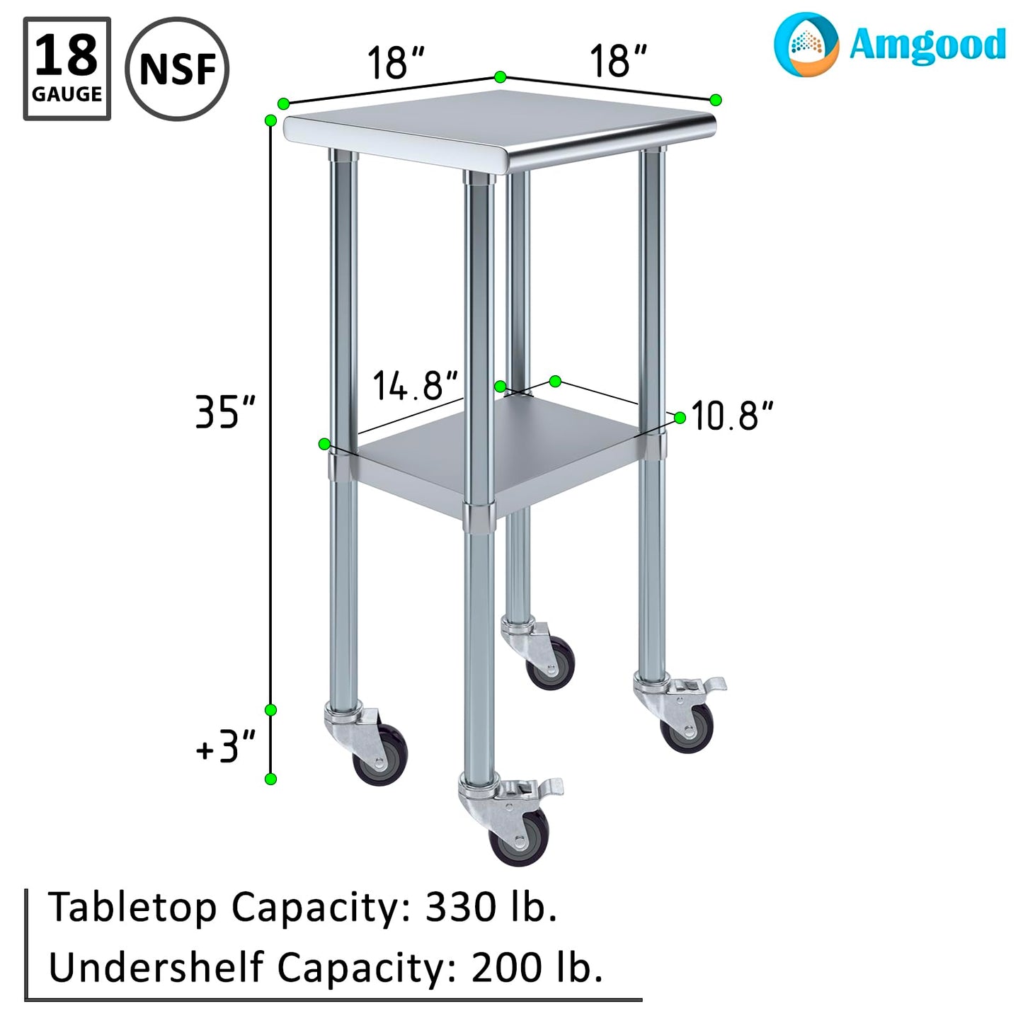 AmGood 18 in. x 18 in. Stainless Steel Work Table with Wheels | Metal Kitchen Food Prep Table | NSF