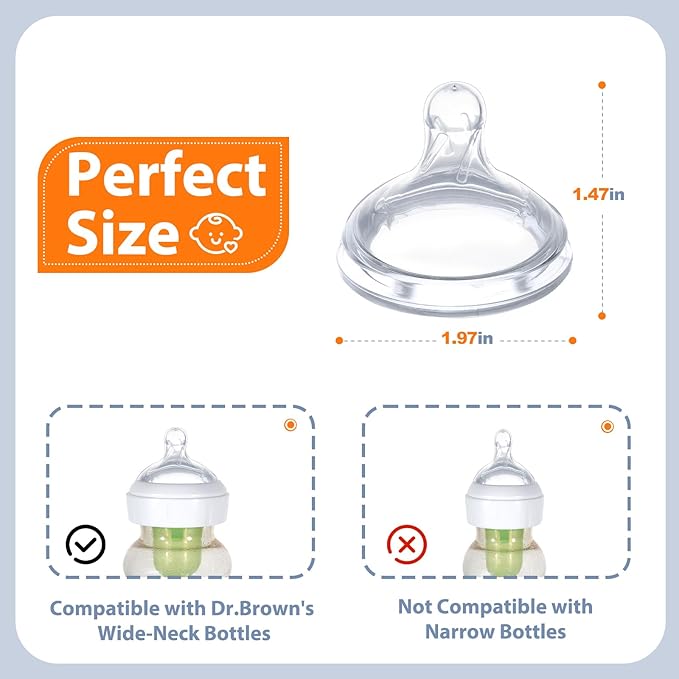 6 Pack Replacement Nipples Compatible with Dr Brown Wide Bottle, Silicone Nipples for Bottle, BPA-Free, Durable and Soft Nipple (M, Medium Flow)