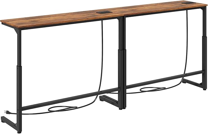 Kitstorack 2-Pack Rustic Brown Console Table, 7.9" Deep Panel, Adjustable Height (25"-33") & Built-in Power Outlets, Behin...