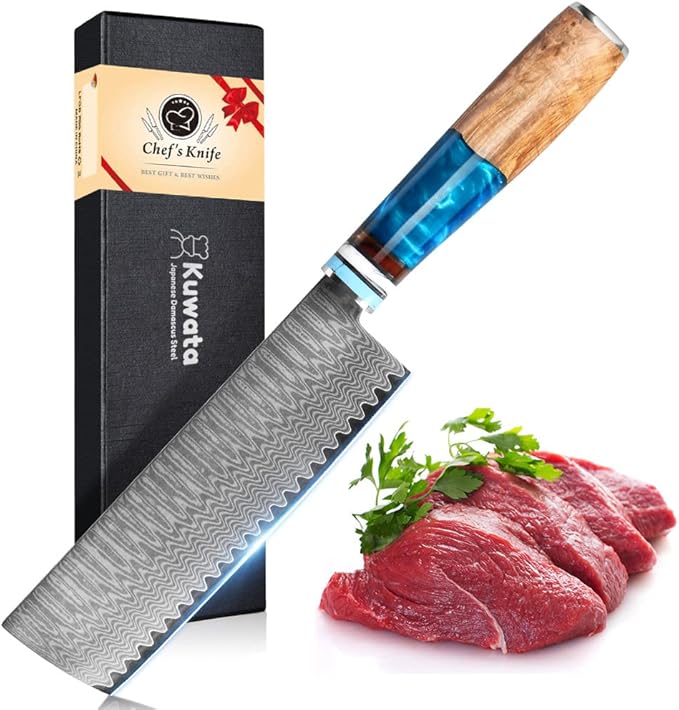 Kuwata Nakiri Chef Knife, Japanese VG10 Damascus Steel Professional Kitchen Chefs Cooking Knife, Nakiri Knife G10 Ergonomic Blue Handle with Gift Box