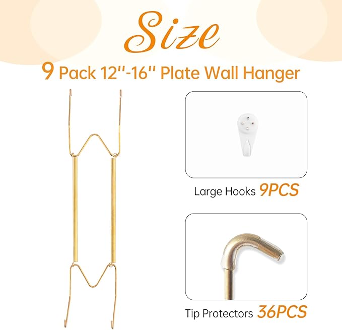 Bilillo 9 Pack Plate Hangers for the Wall, Suitable for 12-16 inch Art Plate, Stainless Steel Invisible Heavy Duty Wire Plate Holder with Wall Hooks, Plate Hangers for Displaying Plates, Platter, Dish