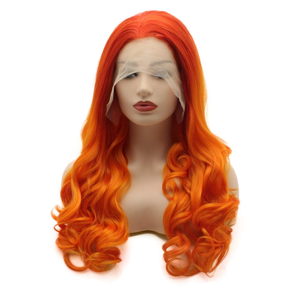 xiweiya Long Yellow Orange Wavy Wig Synthetic Ginger Lace Front Wigs Middle Part Long Soft Wigs Hair Replacement Wig for Women,