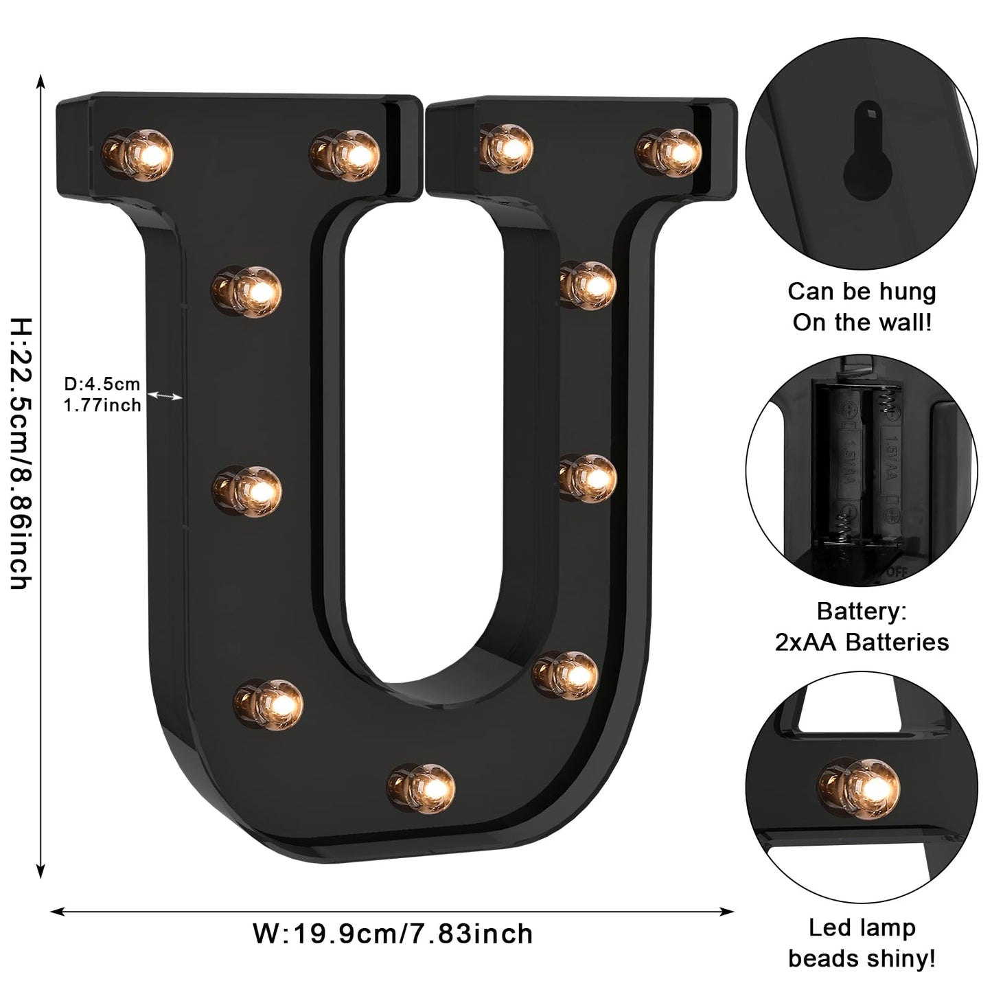 Foaky LED Letter Lights - Battery Operated Alphabet Decor - Black - Model Black-25 - Size U