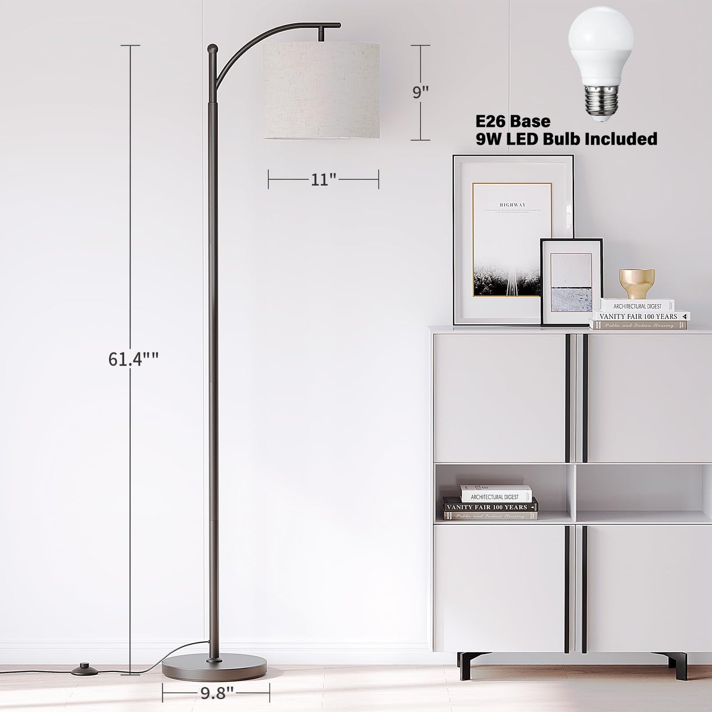 SUNMORY Arc Floor Lamp, Modern Metal Lamp with 9W 3 Color Temperatures Bulb, Adjustable Shade, Black, Model MF18166A