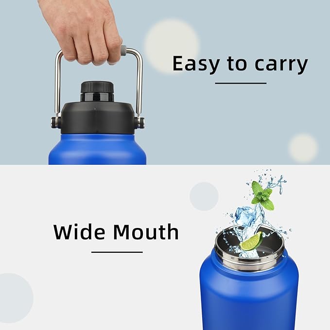 Half Gallon Jug with Handle,64 oz Insulated Water Bottle with Carrying Pouch,Double Wall Vacuum Stainless Steel Metal Bottle,Blue