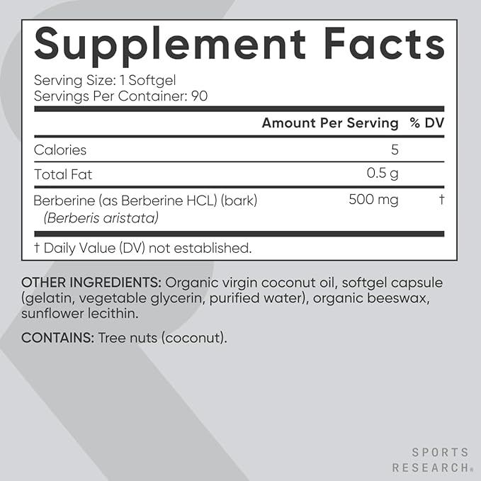 Sports Research Berberine Supplement with Coconut Oil - Herbal & Ayurvedic Metabolic Health Support - Berberine 500mg, 90 Softgels - Gluten-Free, Non-GMO Berberine Powder