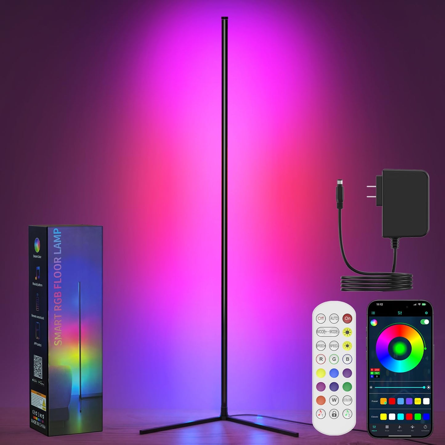 Temracha Upgraded Floor Lamp, 64.5in  RGB LED, App & Remote Control, 16 Million Colors, Black, Model PL101-TM-US