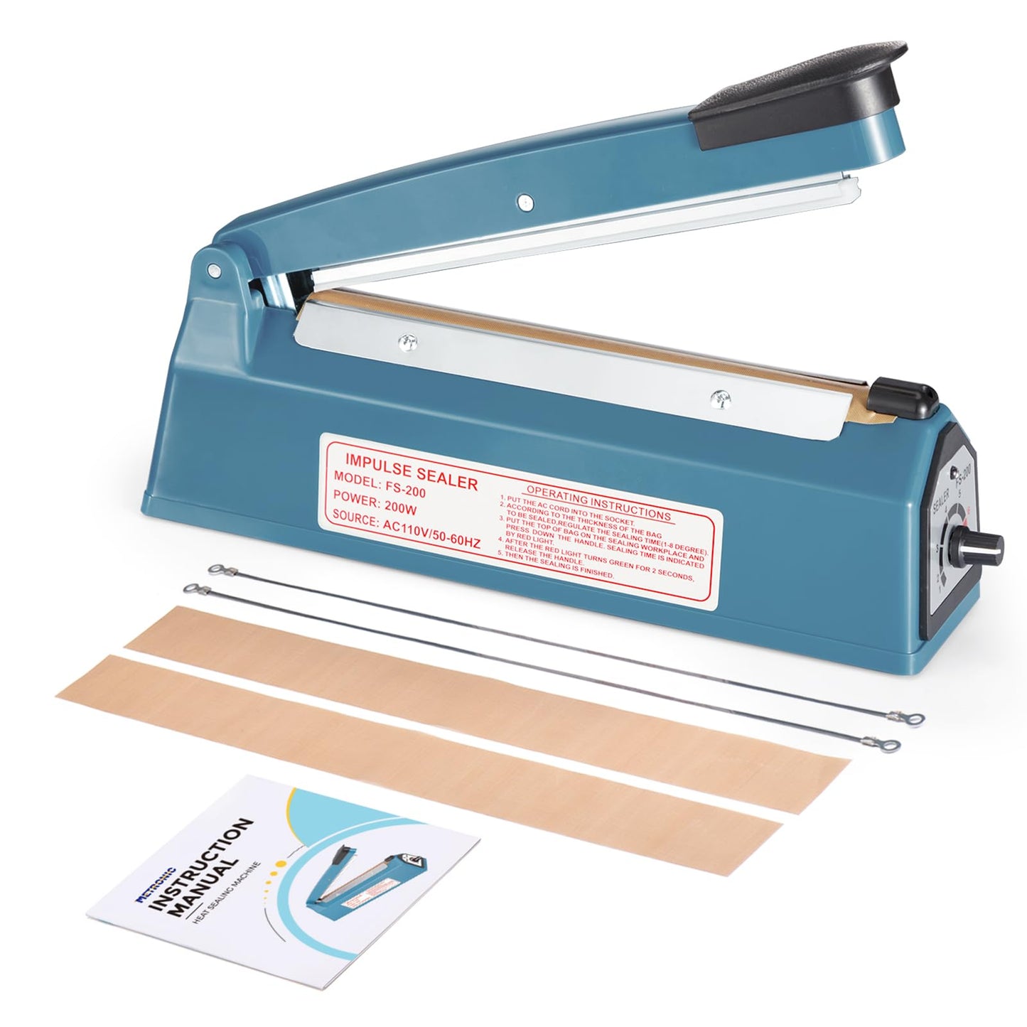 METRONIC Impulse Heat Sealer 8 Inch, Manual Bags Sealer Heat Sealing Machine Impulse, Sealer Machine for Plastic Bags PE PP Bags with Extra Replace Element Grip