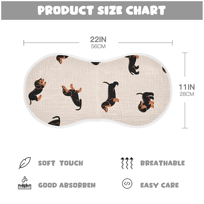 Muslin Baby Burp Cloths Set of 1, Soft Absorbent Cute Dogs Dachshunds Muslin Washcloths, Bibs, Face Towel for Newborn Boys Girls, 22 x 11 Inch