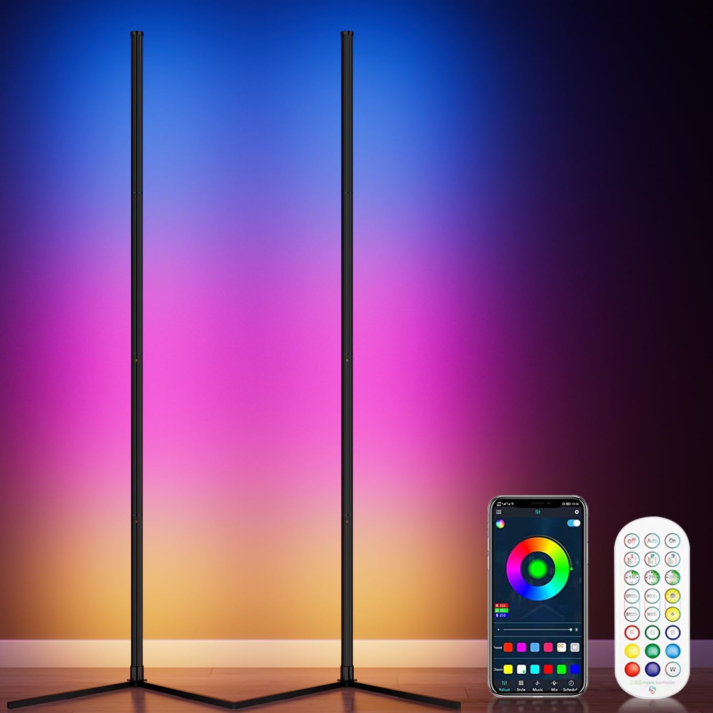 WISIMMALL RGB Corner Floor Lamp, 64.5in Bluetooth APP & Remote Control, 398 Dimmable Modes, Aluminum, 2PCS