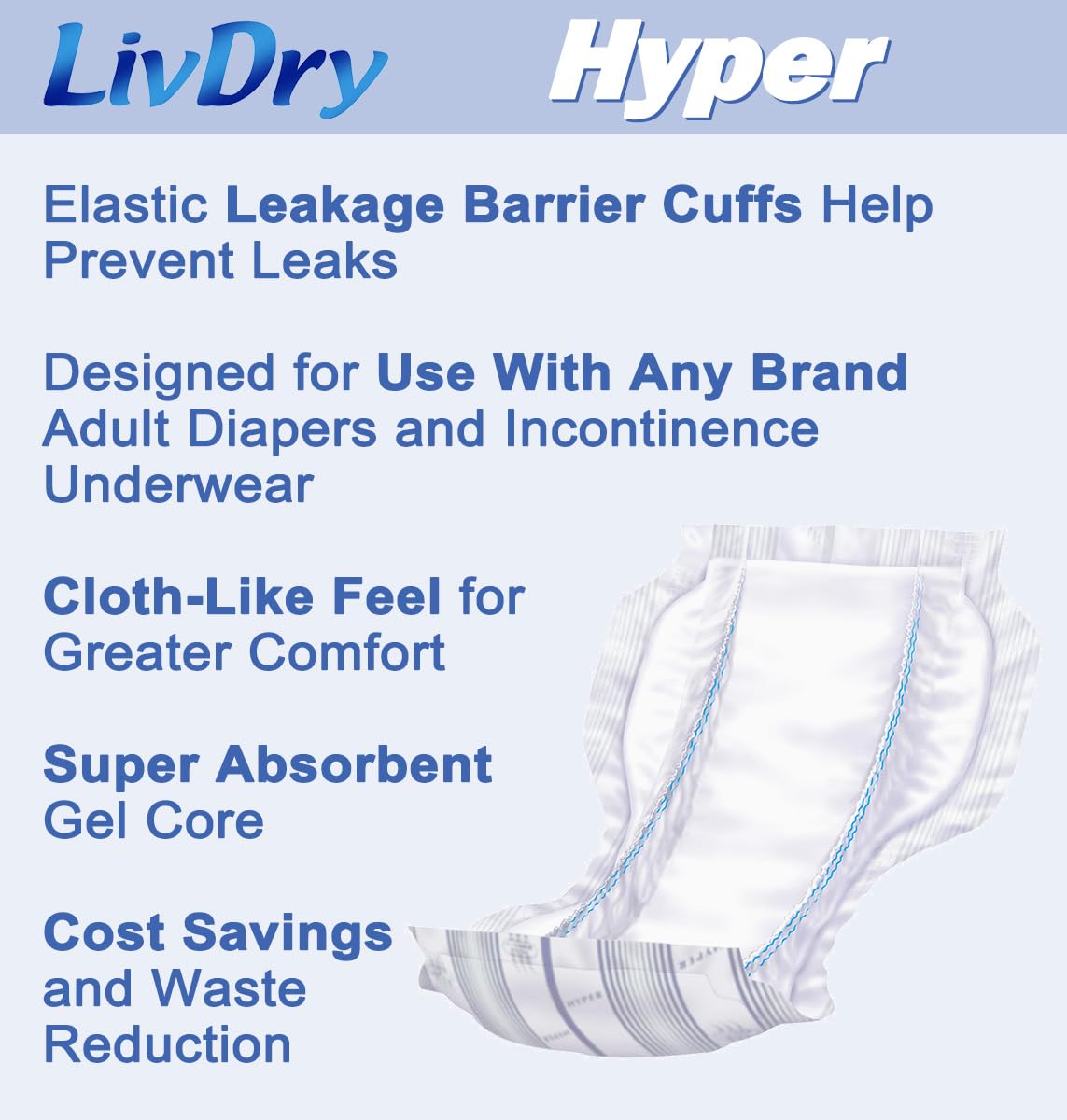 LivDry High Absorbency Pad Insert for Incontinence Briefs and Adult Diapers, Women and Men, Hyper 2400 (72 Count)