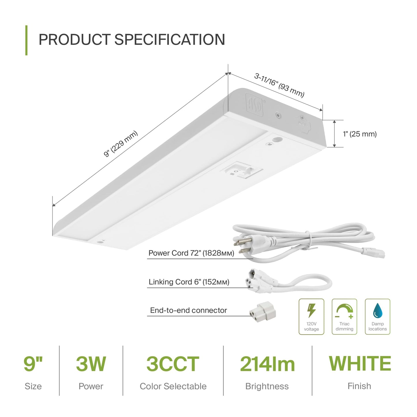 ASD LED Under Cabinet Lighting, Dimmable, 40 Inch, 3 Color Levels (2700K/3000K/4000K), Hardwired/Plug-in, Aluminum, White