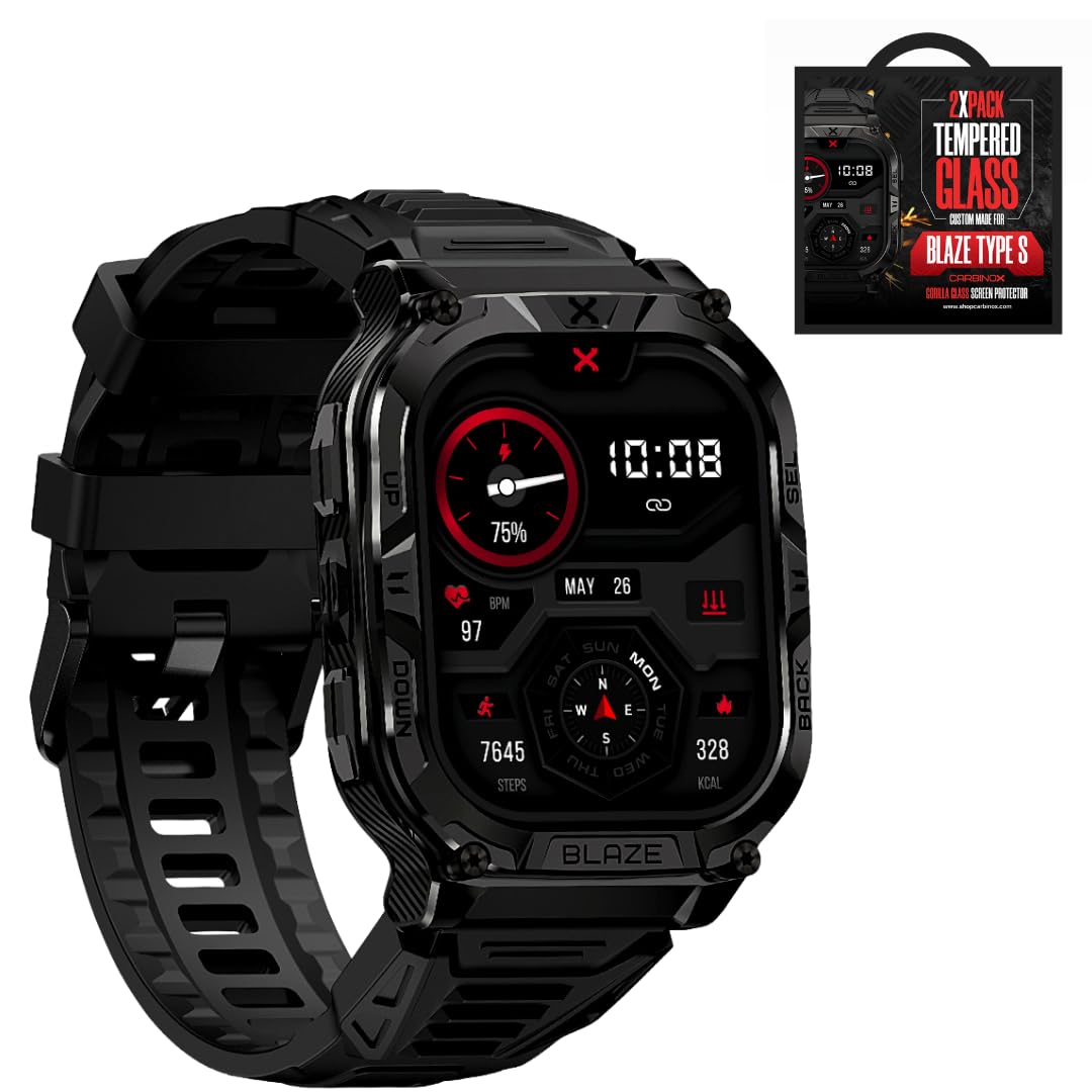 CARBINOX Blaze Smart Watch with Tempered Glass (2 Pack) GPS, Rugged Fitness Tracker Waterproof IP69K, Compatible with Android and iOS, 170+ Sports Modes, Make/Receive Calls (Square)