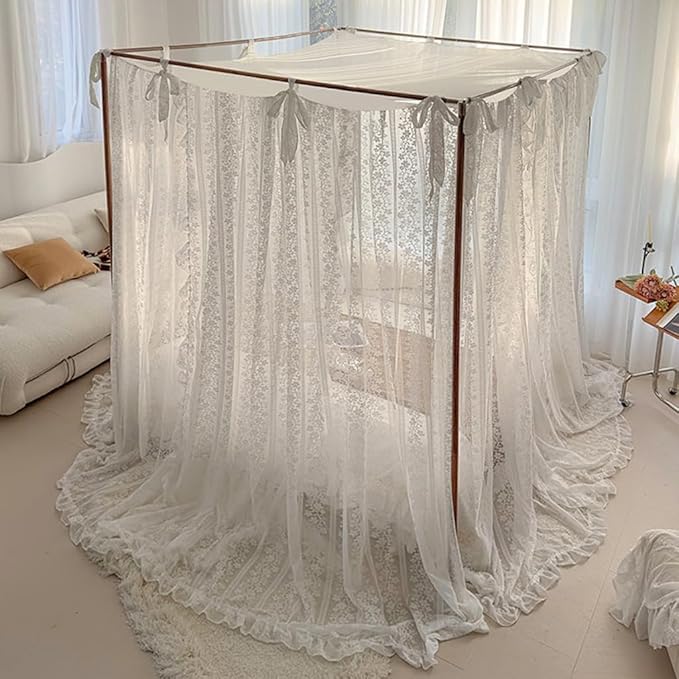 Elegant Princess 4 Corner Post Mosquito Net Romantic for Girls Women Bed Curtain Canopy for Adult Wedding Bedroom Kids Rooms Decoration (Type2-White-Flower, King)