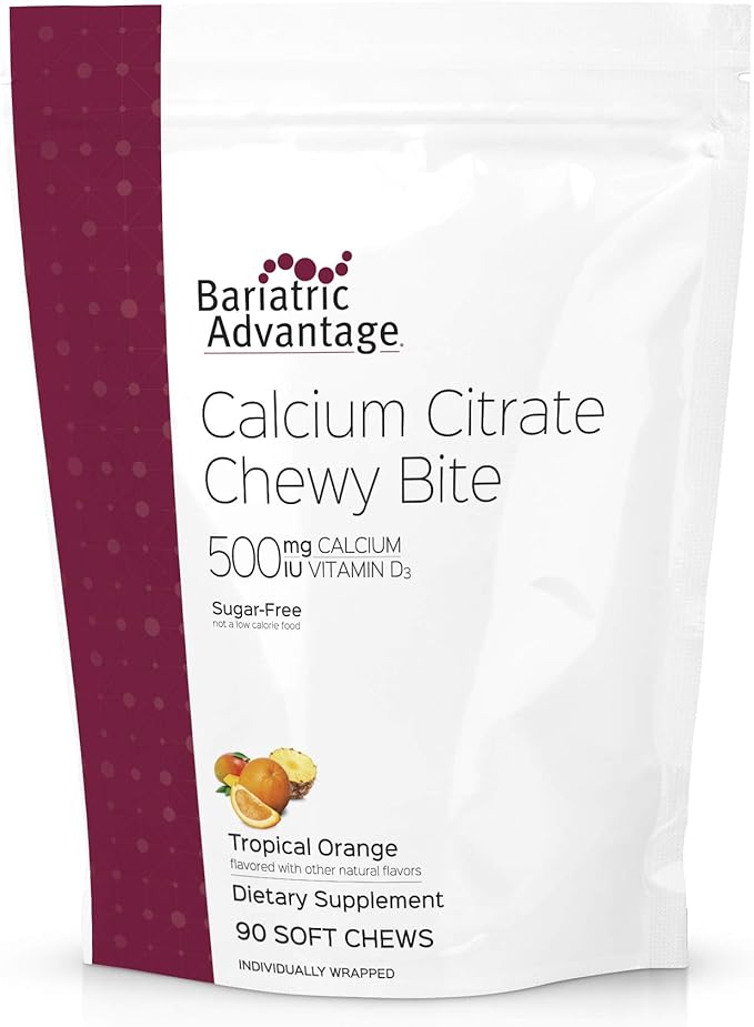 Bariatric Advantage Calcium Citrate Chewy Bites 500 mg - for Bariatric Surgery Patients - Vitamin D3 - Sugar-Free Chewable Calcium Supplement - Bariatric Chews - Tropical Orange - 90 Count