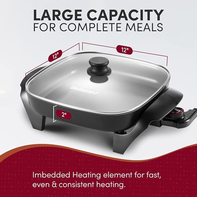 Elite Gourmet EG2212 12"x12"x2.15” Ceralast™ PFAS Free Ceramic Electric Skillet, Dishwasher Safe, Rapid Heat Up, 1200W, Dark Grey