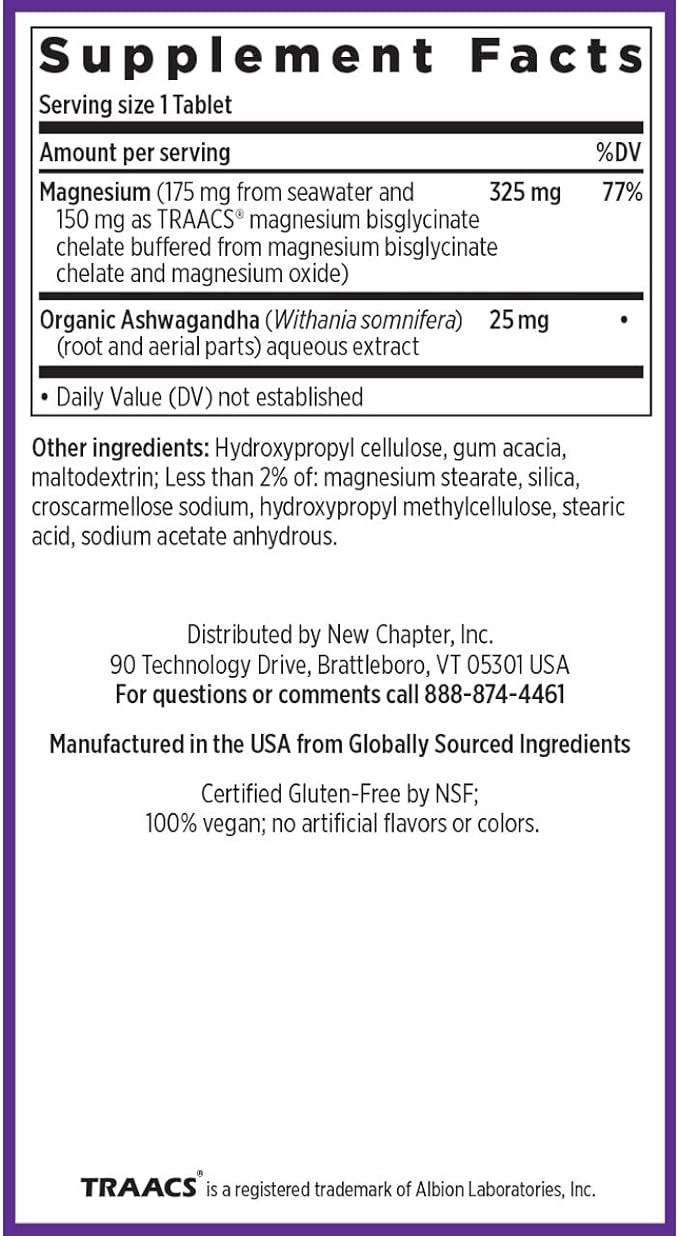 New Chapter Magnesium + Ashwagandha Supplement, 325 mg with Magnesium Glycinate, 2.5x Absorption, Muscle Recovery, Heart & Bone Health, Calm & Relaxation, Gluten Free, Non-GMO - 90 ct (3 Month Supply)