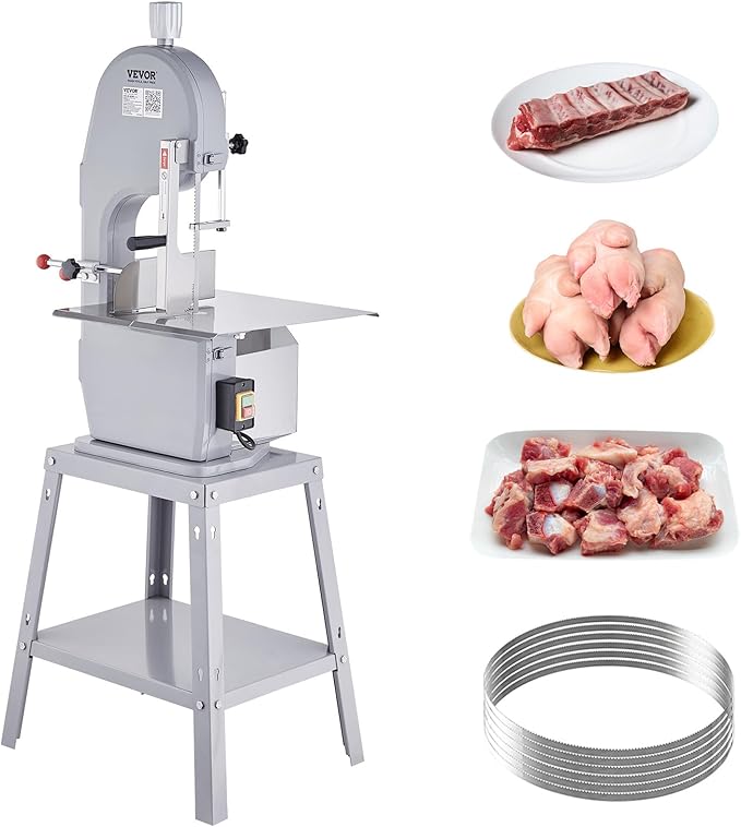 Commercial Electric Meat Bandsaw, 1500W Stainless Steel Vertical Bone Sawing Machine, Workbeach 19.3" x 15", 0.16-7.9 Inch Cutting Thickness, Frozen Meat Cutter with 6 Blades for Rib Pork Beef