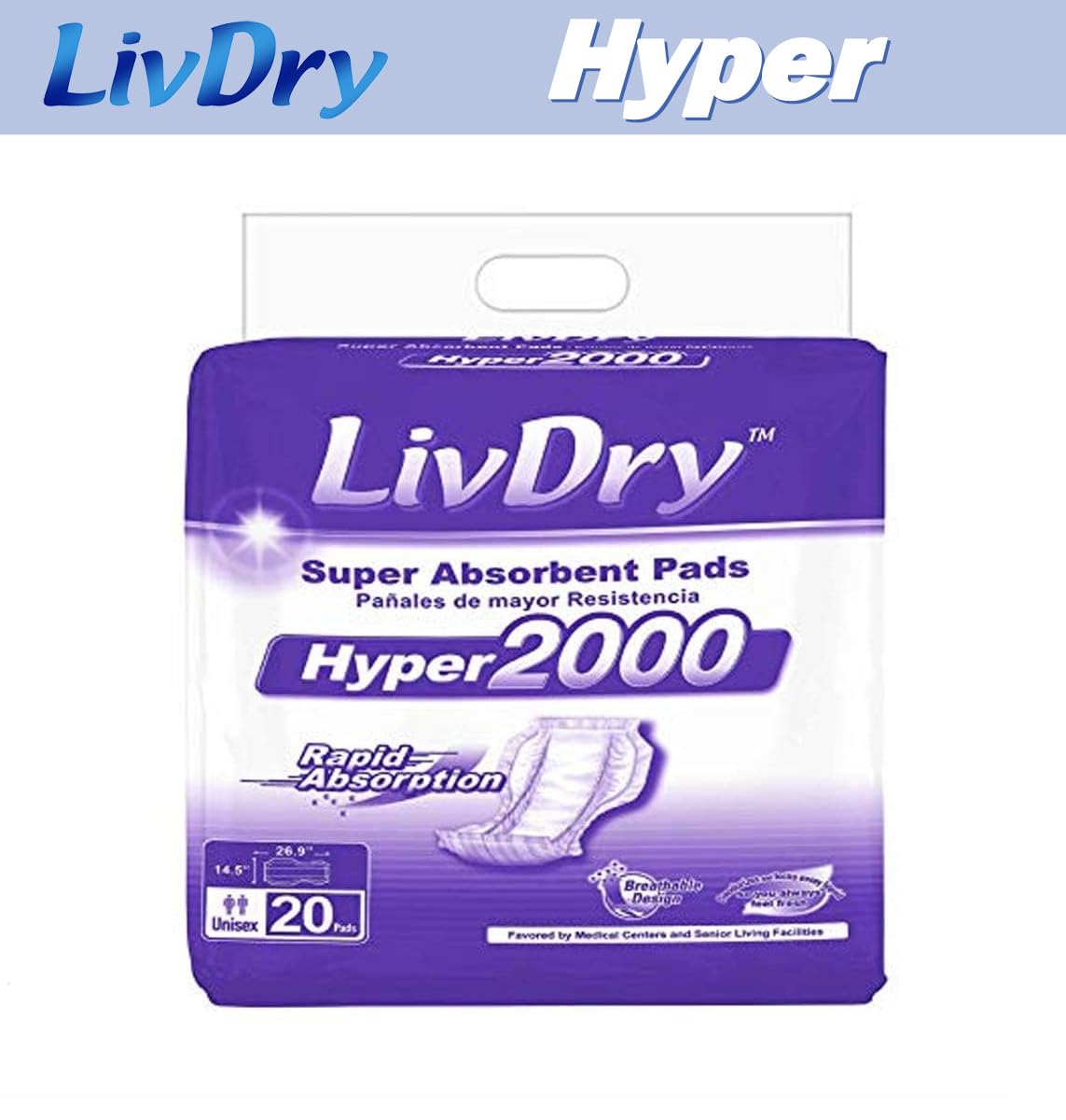 LivDry High Absorbency Pad Insert for Incontinence Briefs and Adult Diapers, Women and Men, Hyper 2000 (80 Count)