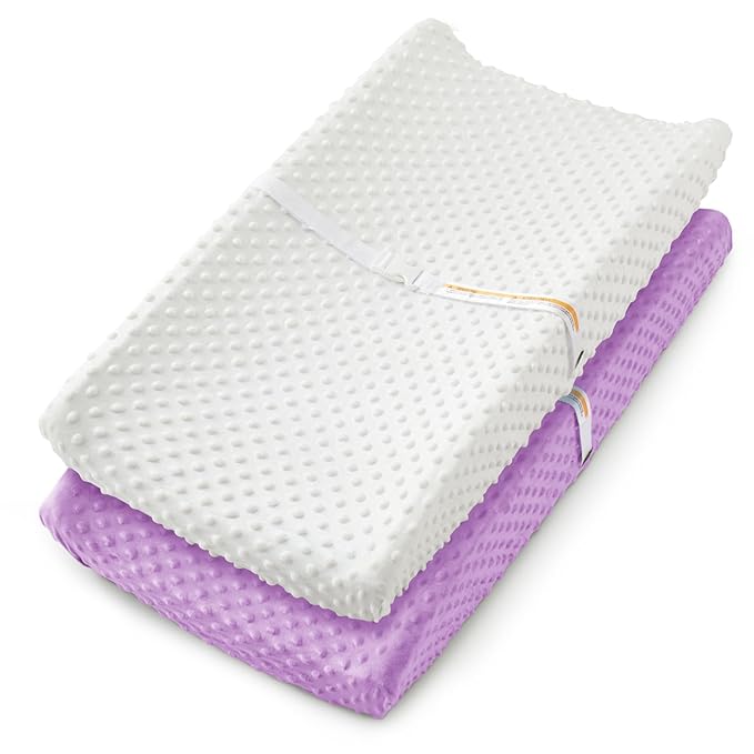 Homiest 2 Pack Changing Pad Cover, White + Light Purple Changing Table Sheets, Ultra Soft Fleece Minky Dot Fabric, Breathable Comfortable Diaper Pad Cover for Girls and Boys, Machine Washable