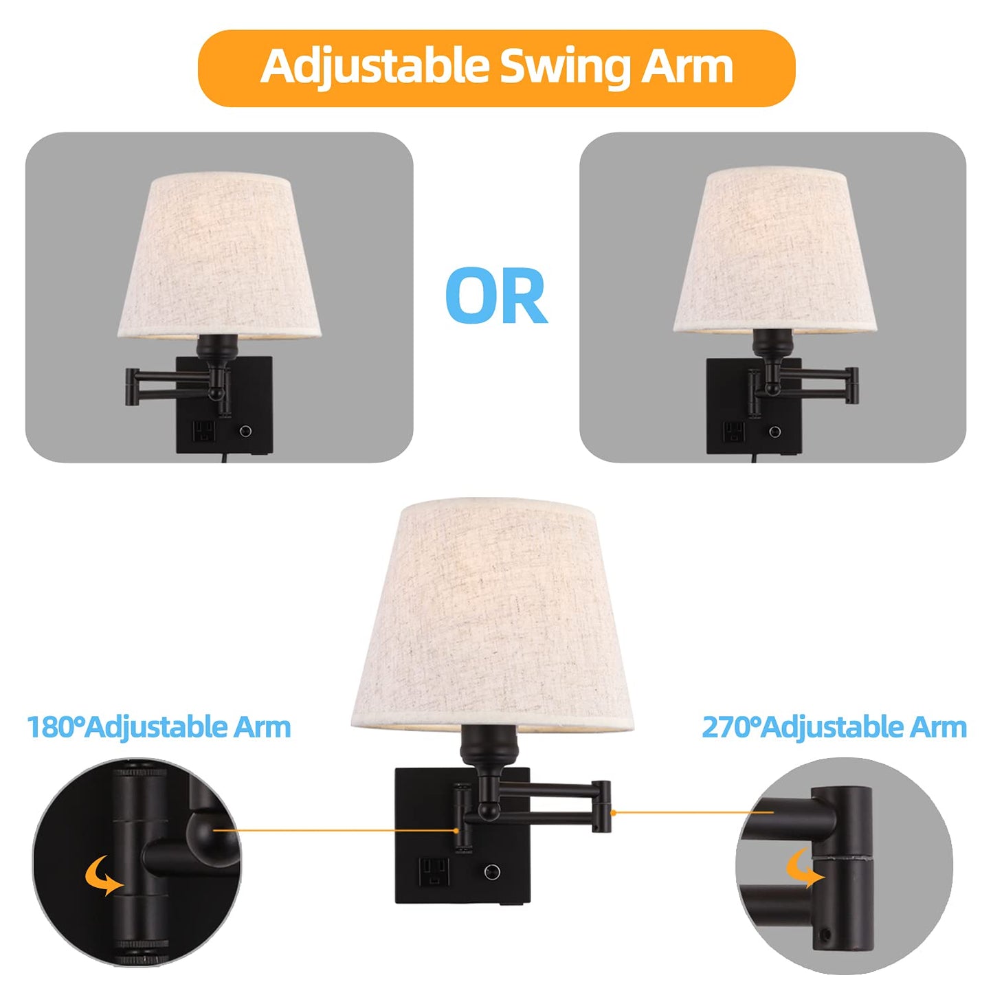 Affsure Bedside Wall Mount Light, Dimmable Switch, USB Port, Black, Metal, Model 619191209705