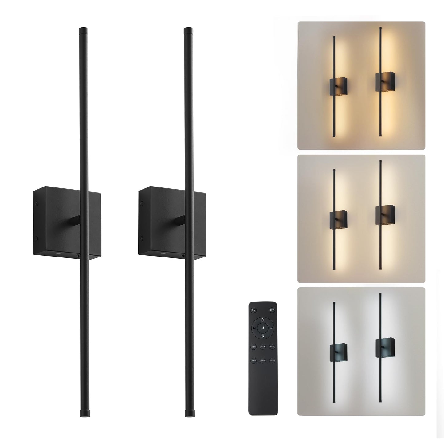 KARTOOSH Wall Sconces, Battery Operated, Remote Control, Dimmable, 32.2 Inch, Black, Model ZM321BBL80, 350° Rotation,