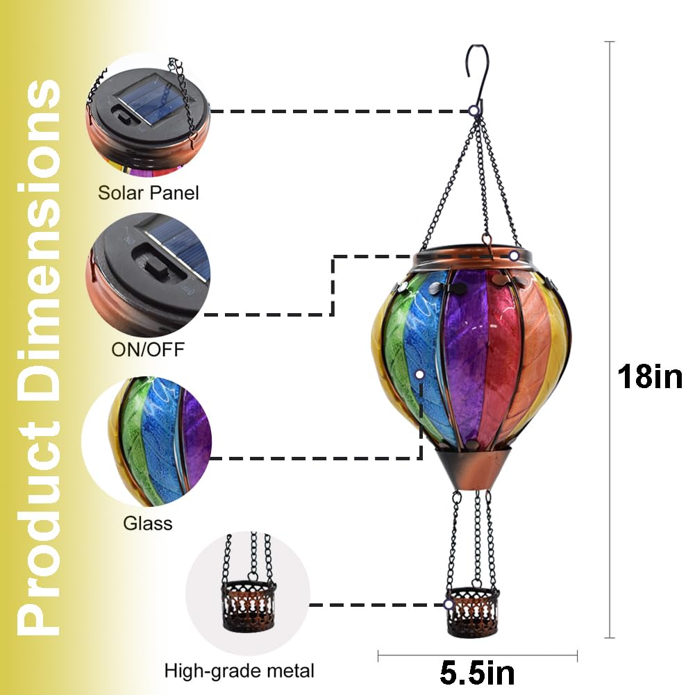 teyigarden Hot Air Balloon Solar Lantern, Flickering Flame, 18in H, Glass, Outdoor Waterproof, Colorful-A