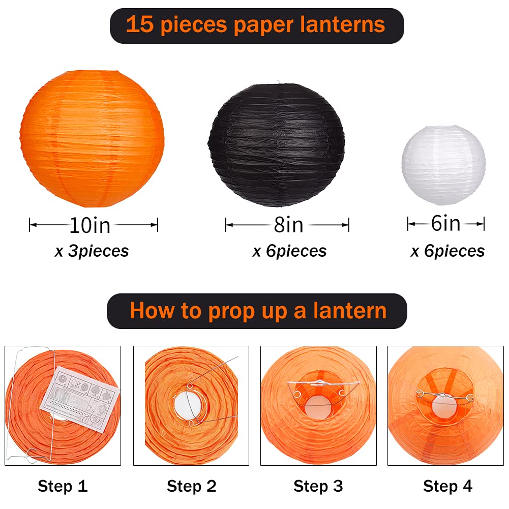 zilue Paper Lanterns 15pcs Decorative Party Supplies Black/Orange for Halloween Thanksgiving Birthday Model PL1003