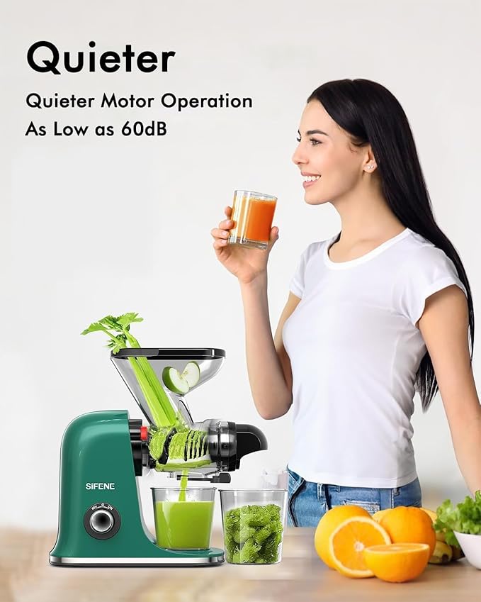 SIFENE Single Auger Masticating Juicer – Cold Press Slow Juicer for Celery, Carrots, Ginger & Fruits, Dual Feed Chute, BPA Free, Quiet Motor, Easy to Clean, Compact for Small Kitchens