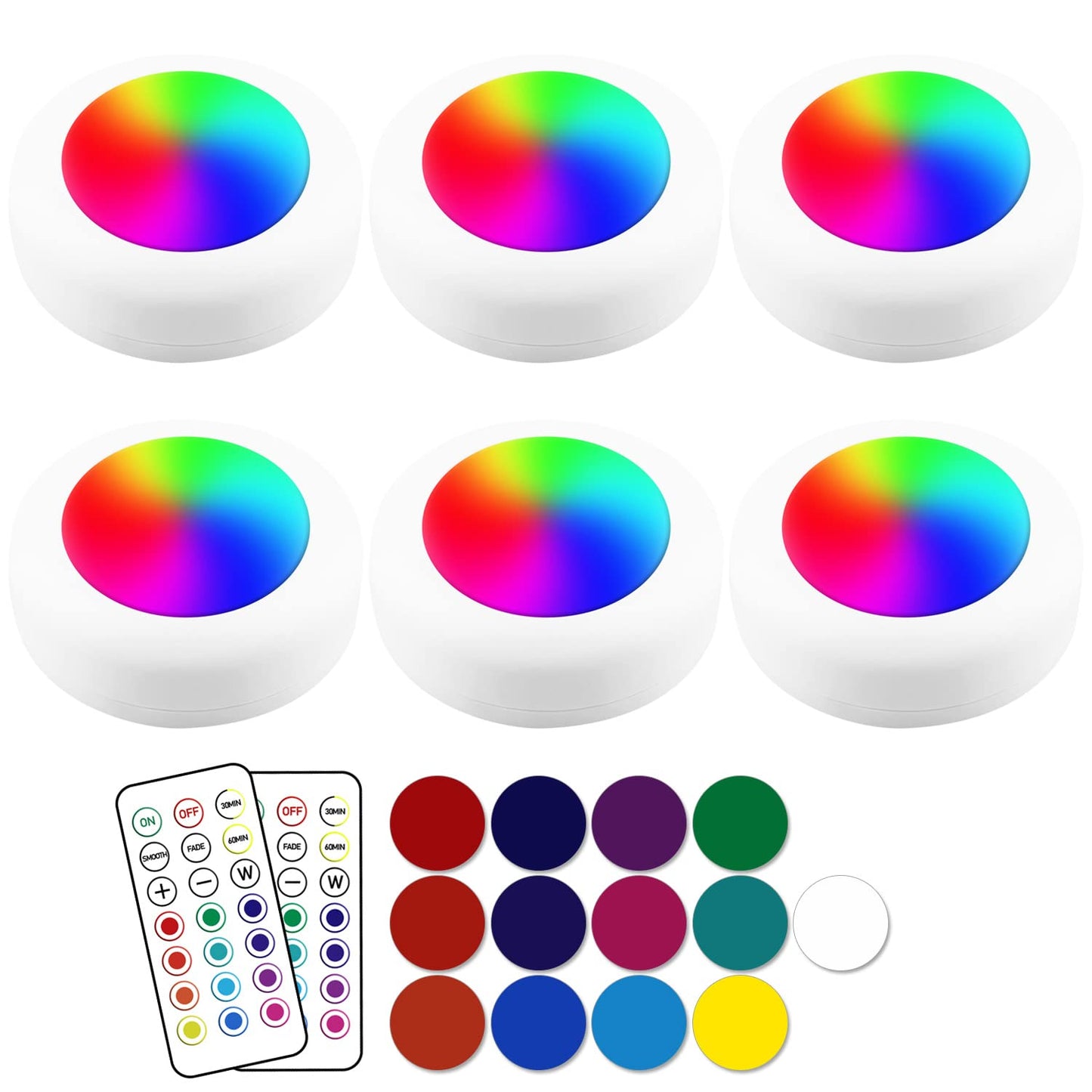 Deitybless 13-Color LED Puck Lights with Remote Control, Wireless Battery-Powered, Dimmable, 6 Pack, White, Model 13RGB-SMALL