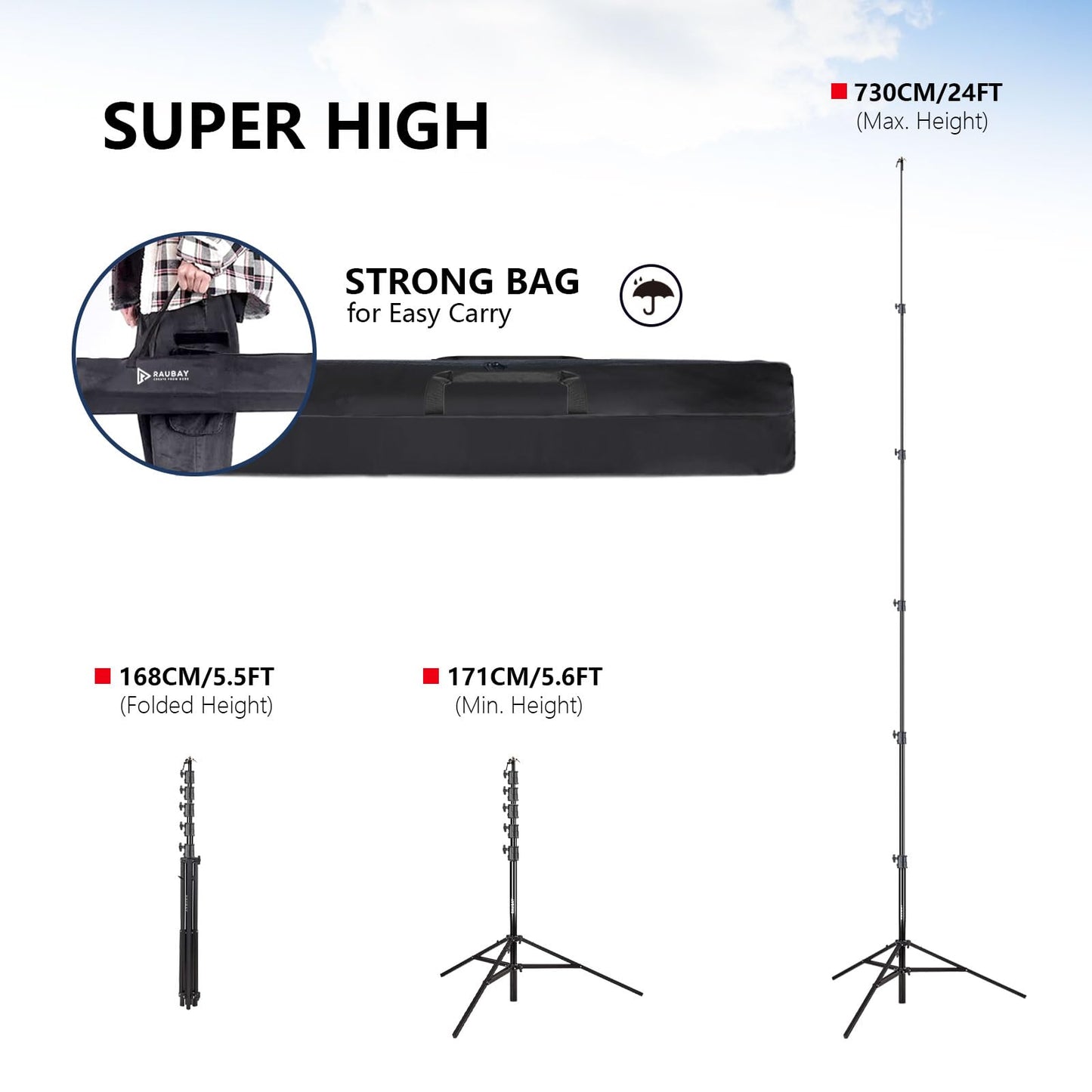 RAUBAY 24' Tall Tripod Stand, Extreme Tall Heavy Duty Sports Camera Video Tripod, Spring Telescoping Aluminium Alloy Large Light Stand with 1/4"& 3/8" Screw, Professional Sky High Tripod for Outside…