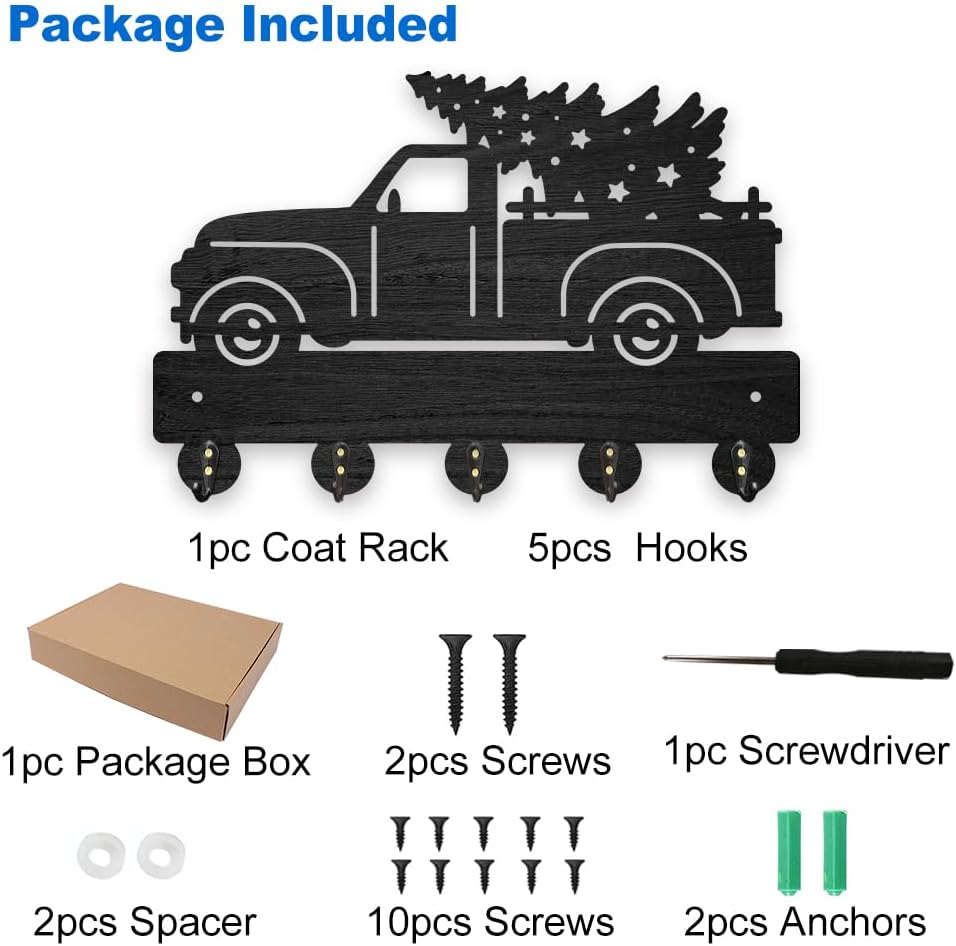 MAYJOYDIY Christmas Truck Tree Coat Racks Wood Tree Star Key Holder Wall Mount 11.8×7.9inch Black Key Hooks Rack 5 Alloy Hooks Christmas Home Decor Gifts Entryway Kitchen Bathroom Storage Organizer