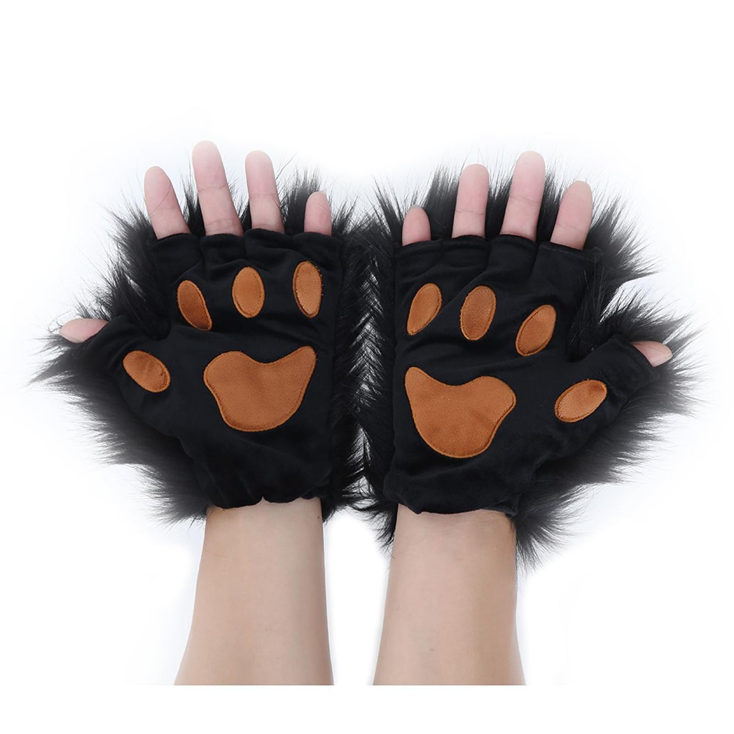 Fuzzy Faux Fur Paw Gloves, Women Men Halloween Costume Bear Cat Claw Mittens Cosplay Party Wolf Dog Paw Gloves Dress Up Props Winter Thick Warm Plush Half Finger Mitts Hand Warmer Black