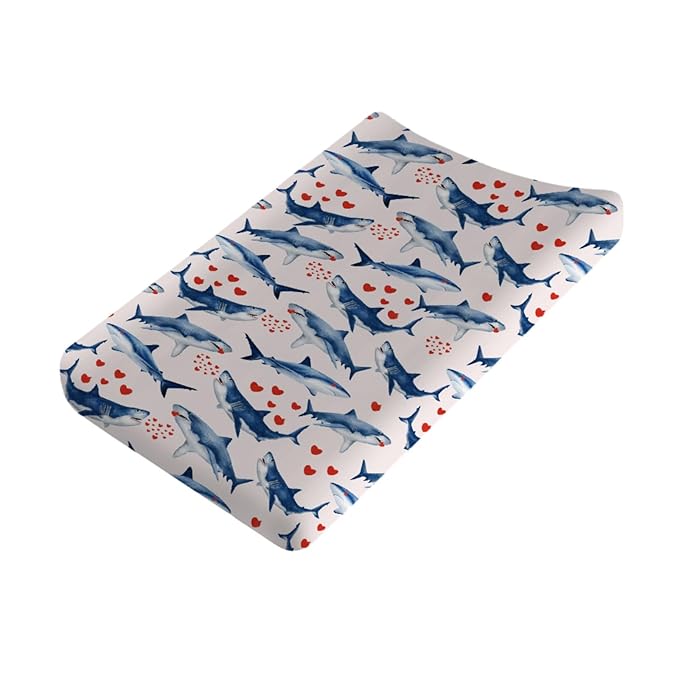 Sea Shark Hearts Changing Pad Cover Sea Ocean Marine Animal Shark Love Diaper Changing Pad Cover for Boys Girls Soft Stretch Diaper Changing Pad Cover Sheets 32''x16''