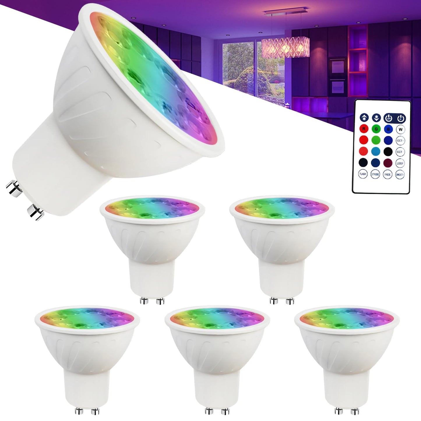 Noobibaba GU10 LED Bulbs, 5W (35W Equivalent), RGB + Adjustable White 2700K-6000K, Model GU10-5W-D, 6-Pack