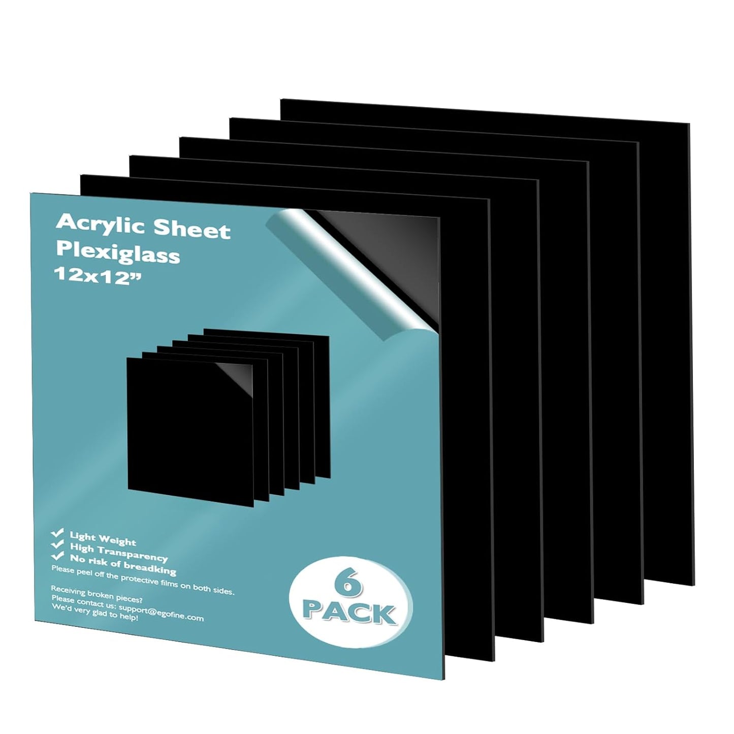 Egofine 12" x 12" Black Plexiglass Sheets 6 Pack 0.04 Inch Cast Acrylic Sheet Thick for DIY Craft Projects, Painting, Photography, Sign, Display Stand, Home Decor, Easy to Cut