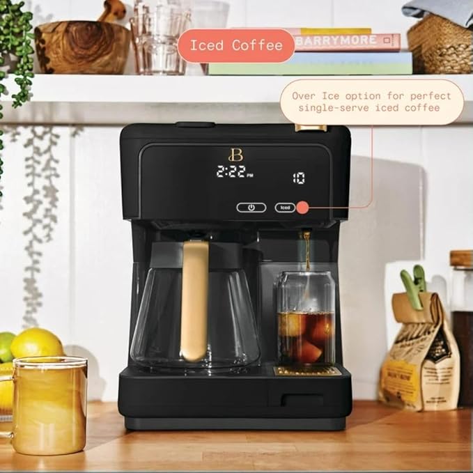 Beautiful by Drew Barrymore Multi-Brew Coffee Maker, 12-Cup Carafe + Single-Serve, Pods or Grounds, Over Ice, Touch Display. (BLACK SESAME)